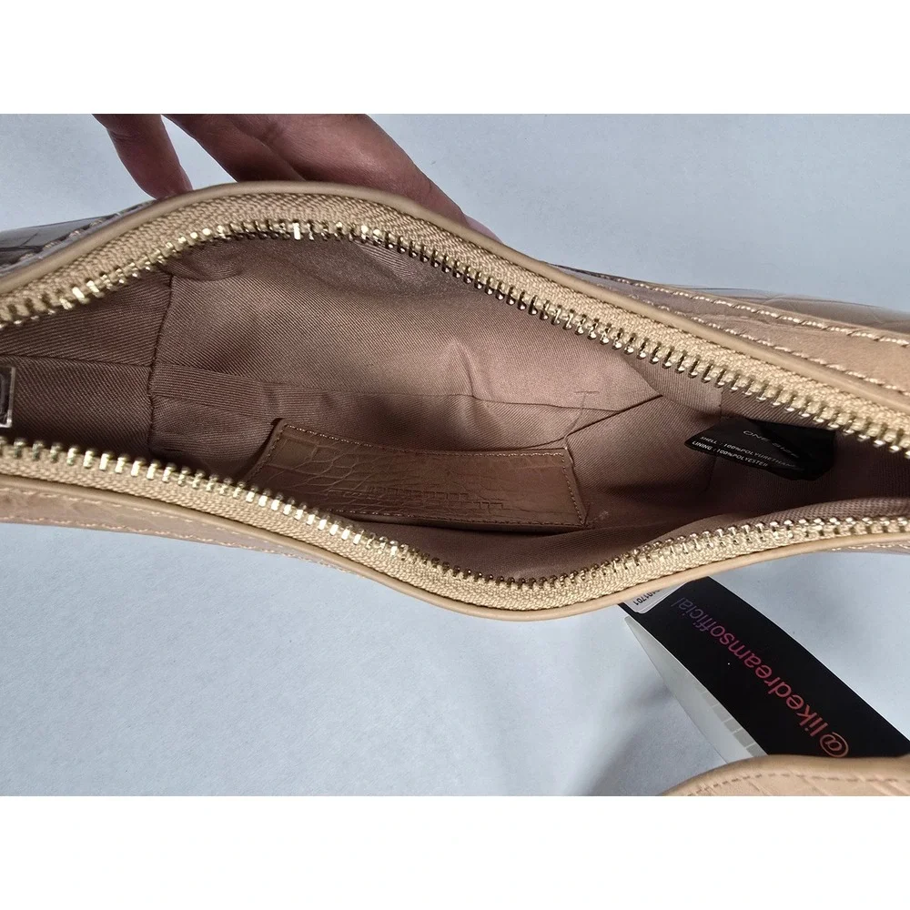 Like Dreams Beige Croc Embossed Crescent Shoulder Bag Vegan Leather H9101701